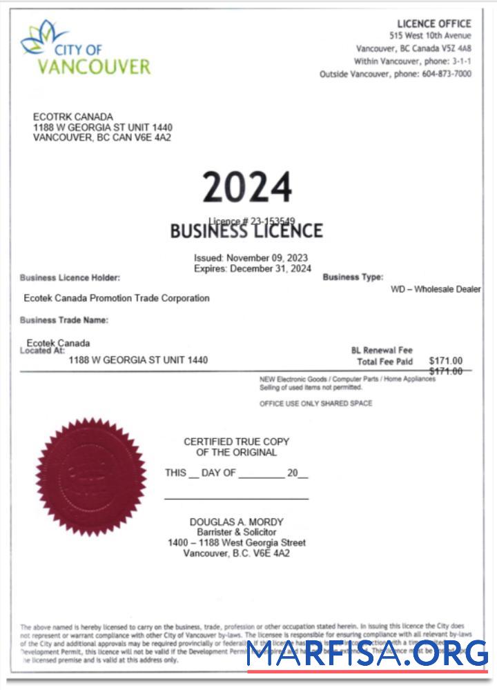 Printable USA City of Vancouver certificate of business licence Word and PDF template